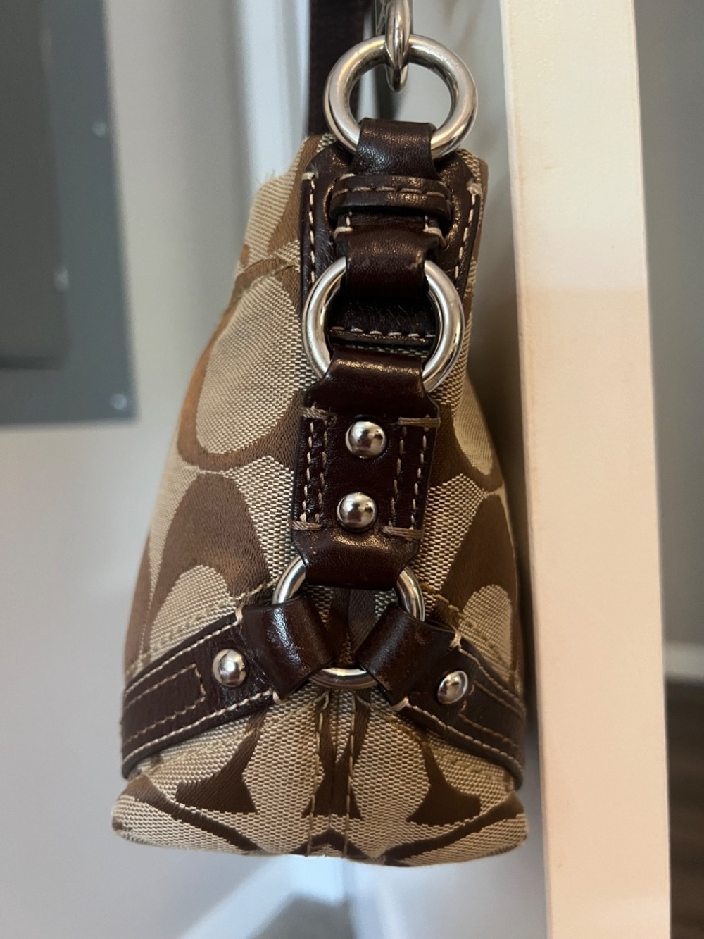 Coach Vintage Y2K Mini Carly Signature Jacquard Brown Leather Trim Shoulder Bag - Picture 6 of 10